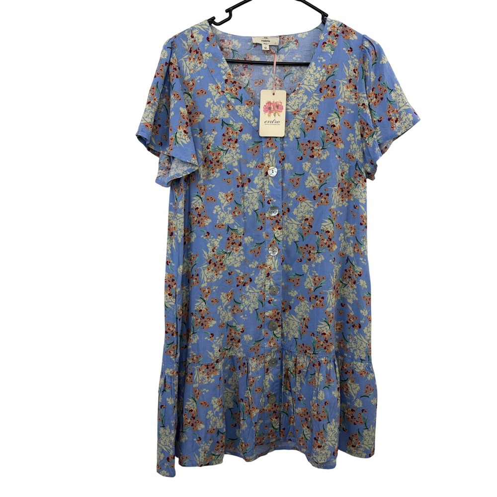 Entro Dress Womens Medium Blue Floral Button Front Ruffle Hem Short Sleeve